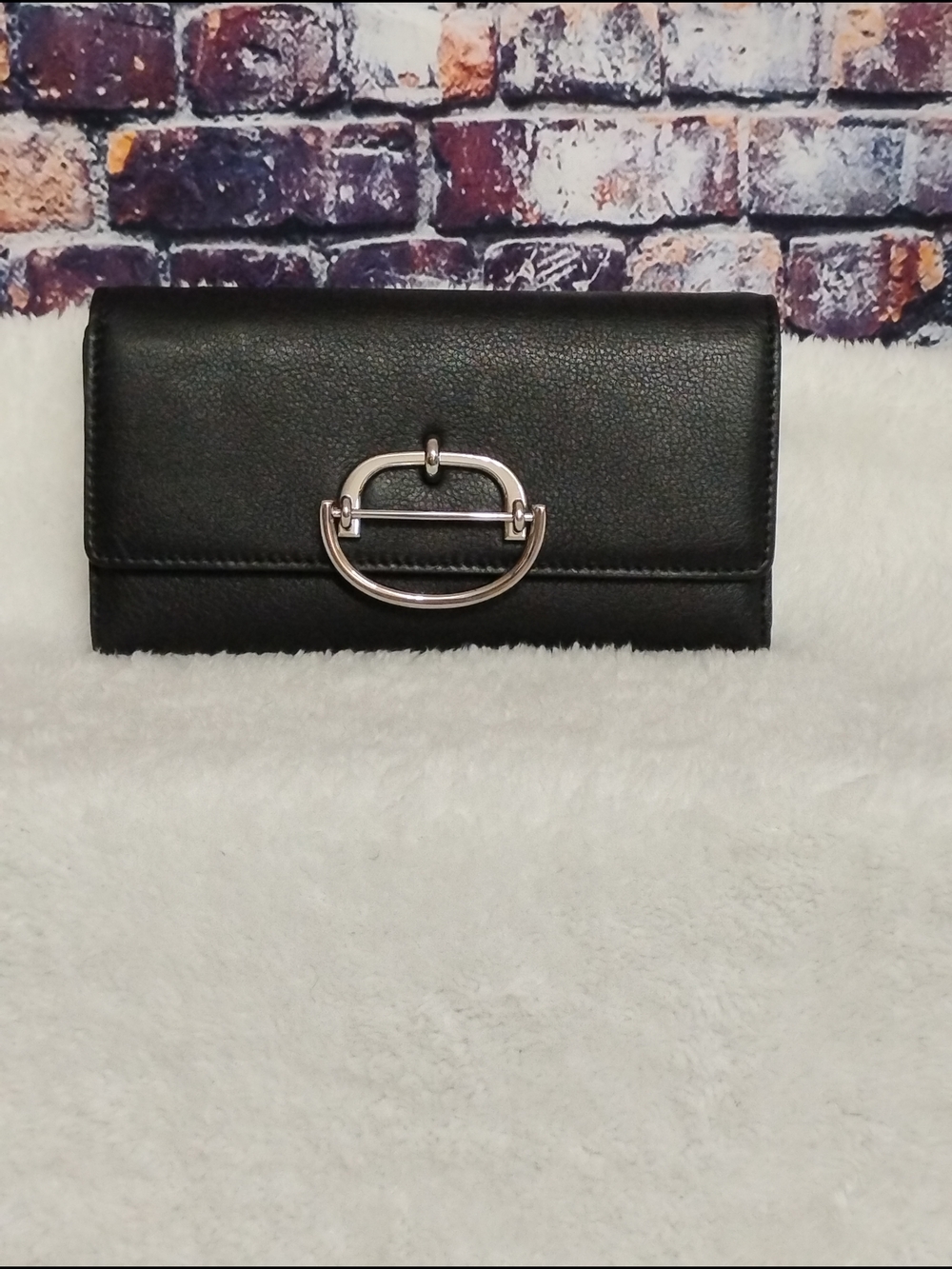 Vince Camuto Black  Leather Tri- Fold Wallet with Silver Buckle Hardware